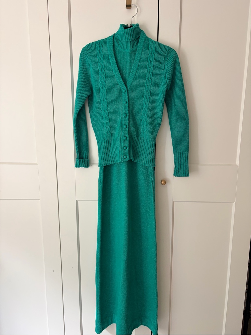 Jon-Michel Vintage 70’s Green Knit  Sleeveless Maxi Dress Matching Cardigan | 8